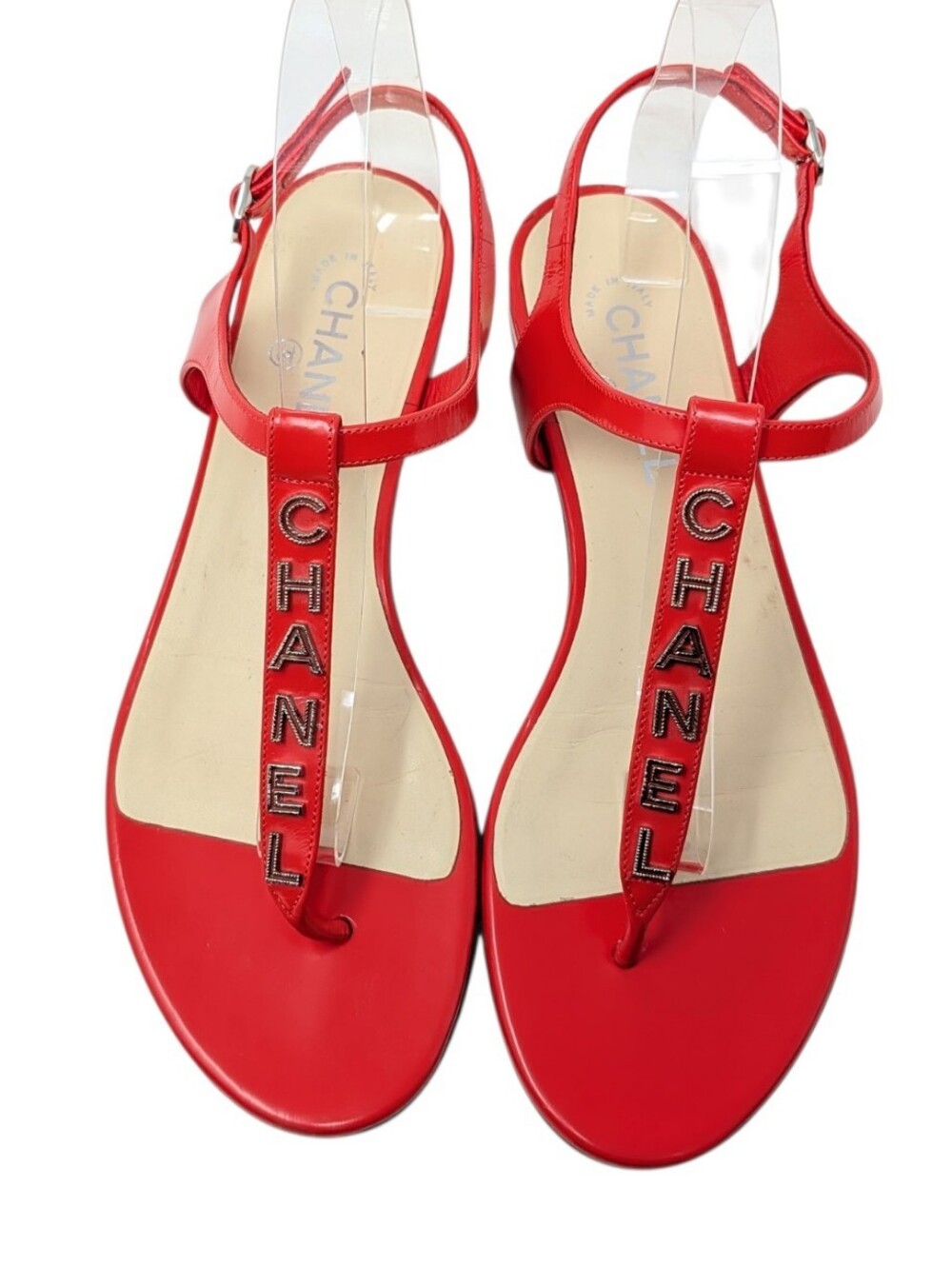 Chanel Red "CHANEL" Logo Slingback T-Strap Thong Sandals Size EU 41